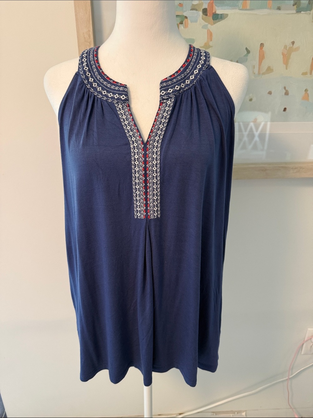 Cable & Gauge Navy Embroidered Halter Tank with Red & White Accents Size Large